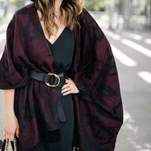 Cleobella Sevigny Capelet Burgundy Black Open Front Tassel Shawl Poncho Cape
